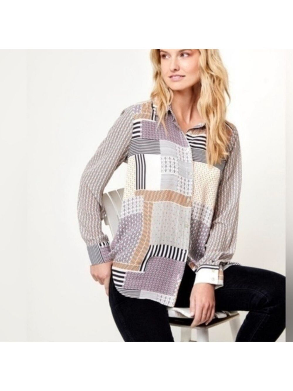 ROSE + OLIVE White Black Beige Patchwork Button Down Shirt M